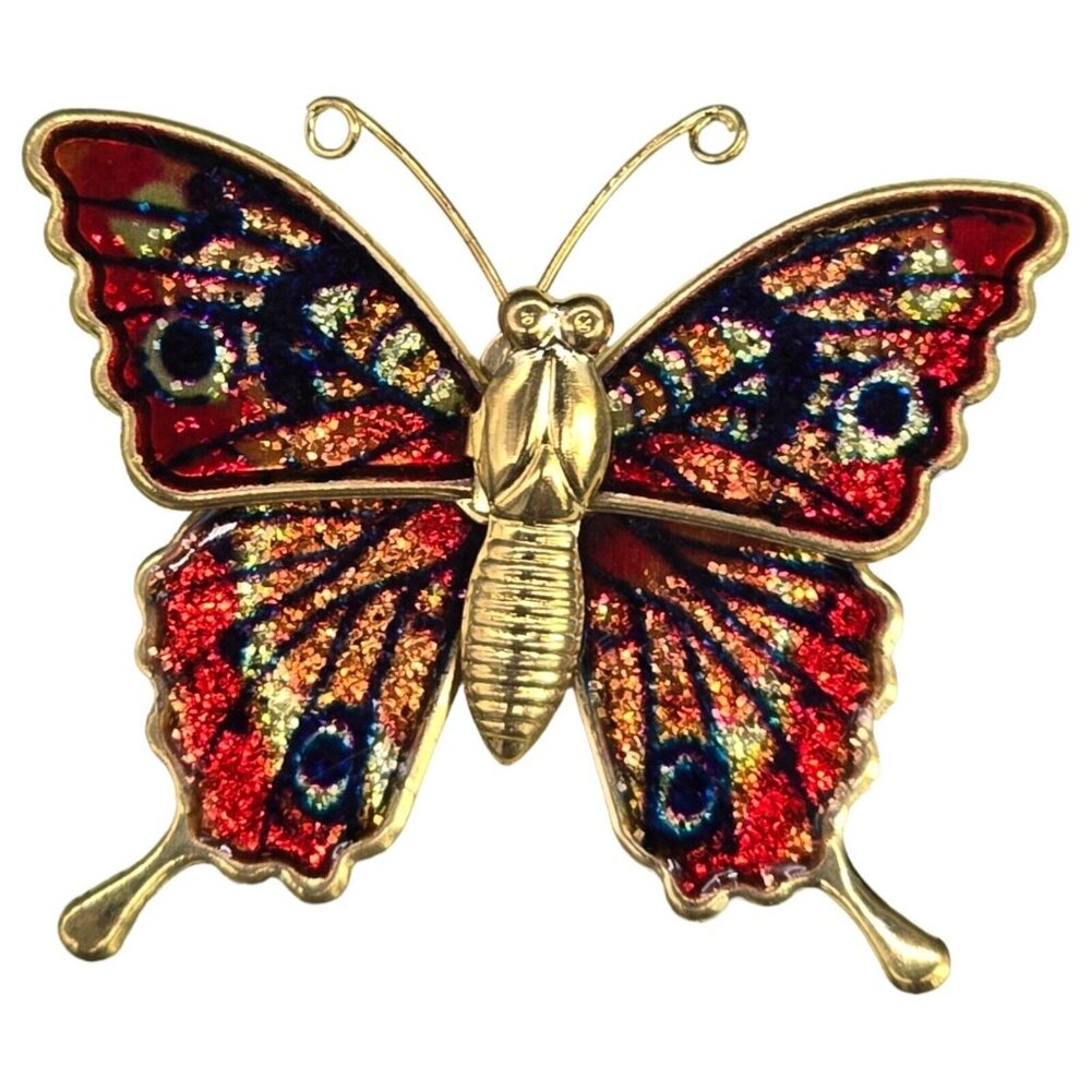 Butterfly Pin Red & Gold Glitter Wings Brooch Gold Tone Vintage Jewelry